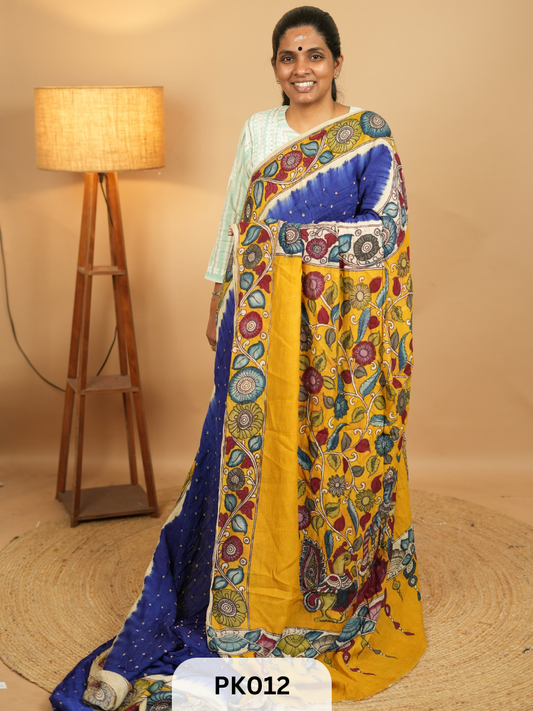 Bandhani saree with Pen kalamkari art work