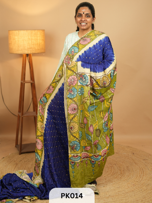 Bandhani saree with Pen kalamkari art work