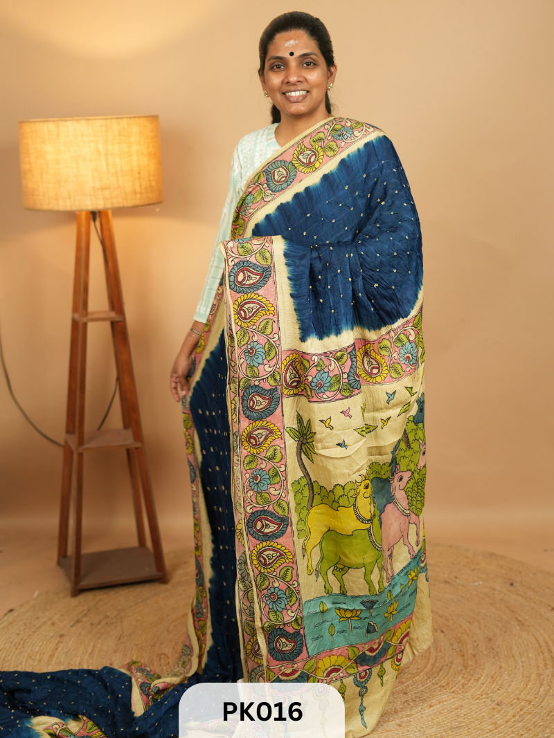 Bandhani saree with Pen kalamkari art work