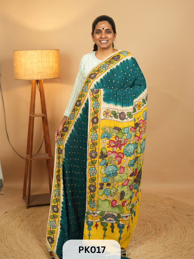 Bandhani saree with Pen kalamkari art work