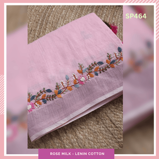 Rose Milk Lenin Cotton Hand-Embroidered Sarees