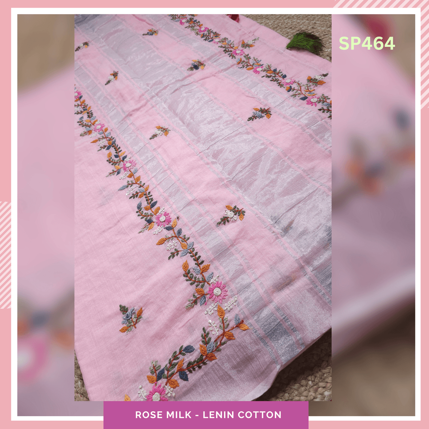 Rose Milk Lenin Cotton Hand-Embroidered Sarees