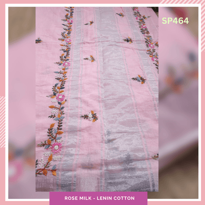 Rose Milk Lenin Cotton Hand-Embroidered Sarees